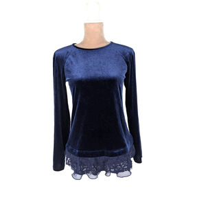 Sundance Grace Velvet Top Blouse Lace Trim Blue Sz XS Mixed Media Romantic Cozy